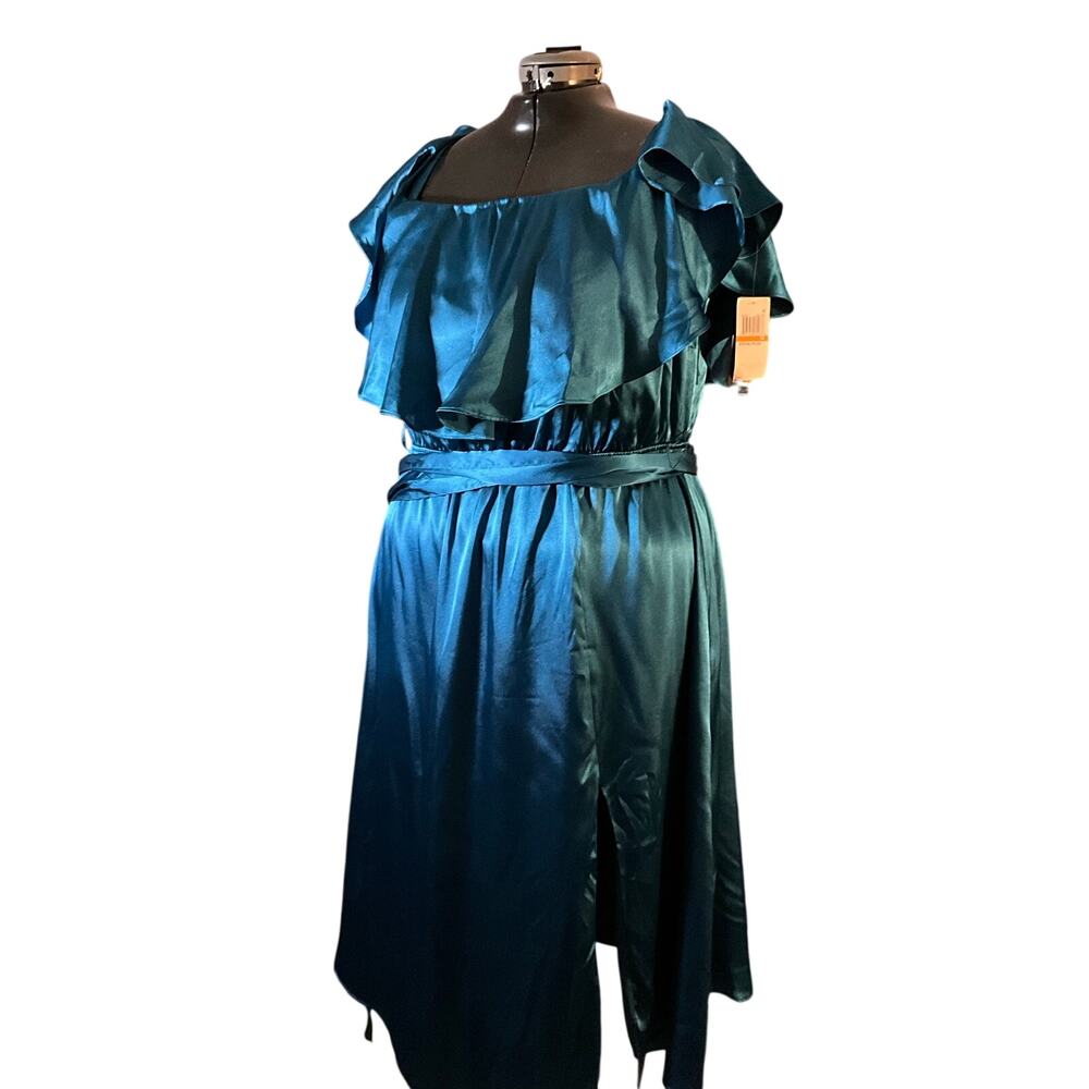 Dark Teal Satin Off Shoulder Ruffle Formal Midi Dress Wedding Guest NWT 3X